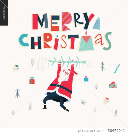 Hanging Santa Claus - Merry Christmas and Happy New Year greeting card Hanging Santa Claus - Merry Christmas and Happy New Year greeting card 58470041