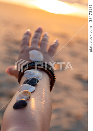 Woman holds seashells on her hand and points Woman holds seashells on her hand and points 58473181