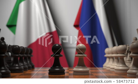 Chess game against flags of Italy and Russia. Political competition related 3D rendering 58473712