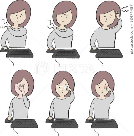 Illustration set of unwell women, stiff shoulders, headache, tired eyes, eyes Illustration set of unwell women, stiff shoulders, headache, tired eyes, eyes 58474487