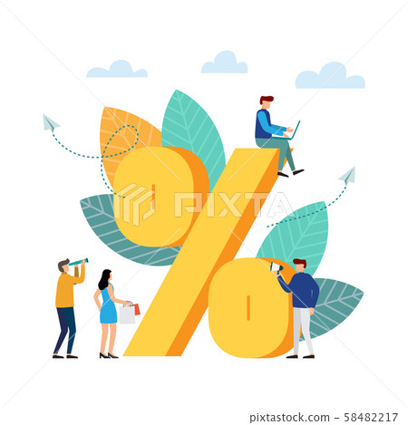Percent sign, people stand near a percent. Percent sign, people stand near a percent. 58482217