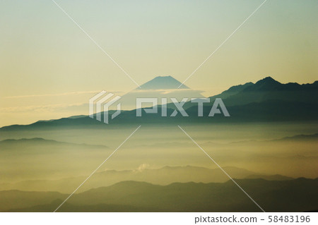 Northern Alps, view from the summit of Mount Minamidake, Mount Fuji in Asaka, distant view of the Southern Alps Northern Alps, view from the summit of Mount Minamidake, Mount Fuji in Asaka, distant view of the Southern Alps 58483196