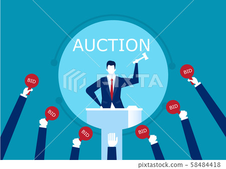 vector auctioneer hold gavel in hand. Buyers competitive raising arm holding bid paddles with numbers of price. illustration 58484418