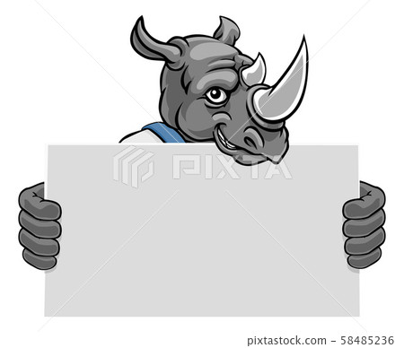 Rhino Cartoon Mascot Handyman Holding Sign Rhino Cartoon Mascot Handyman Holding Sign 58485236