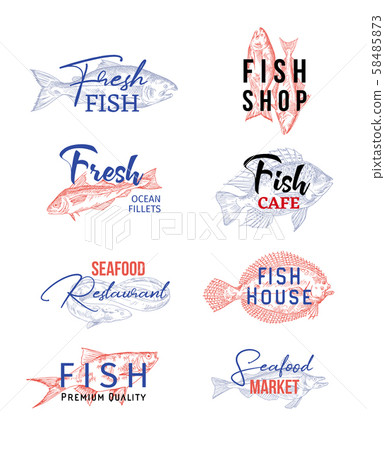 Set of isolated icons with fish sketches. Food 58485873