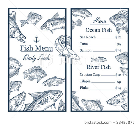 Fish sketches and anchor on restaurant menu. Food 58485875
