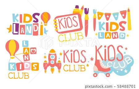 Kids Land Club Logo Set, Playiground, Childrens Centre Colorful Labels Vector Illustration 58488701