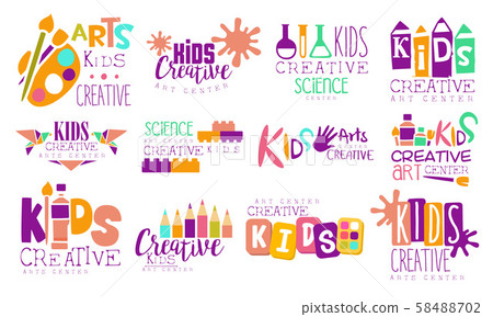 Creative Kids Logo Set, Arts and Science Centre Colorful Labels Vector Illustration 58488702