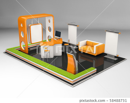 3d Illustrated unique creative exhibition stand display design with table and chair, info board 58488731