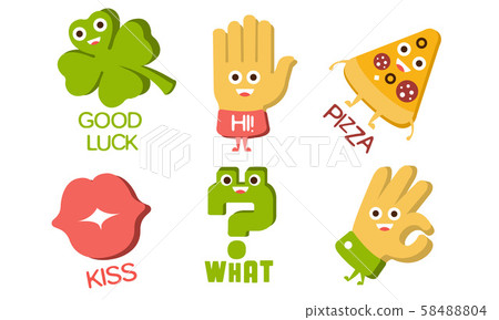 Words and Cute Cartoon Characters with Funny Faces, Good Luck, Hi, Pizza, Kiss, What, Ok, Sign Words and Cute Cartoon Characters with Funny Faces, Good Luck, Hi, Pizza, Kiss, What, Ok, Sign 58488804