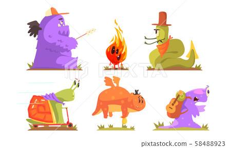 Cute humanized monsters go camping. Vector illustration. Cute humanized monsters go camping. Vector illustration. 58488923