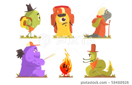 Cute humanized monsters on a hike. Vector illustration. Cute humanized monsters on a hike. Vector illustration. 58488926