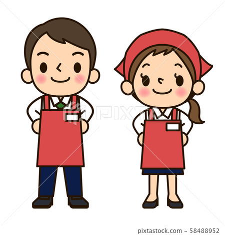 Supermarket clerk man and woman leave 58488952