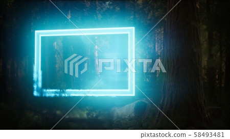 Neon glowing rectangle frame in the night forest 58493481