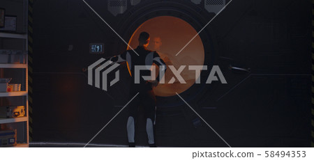 Astronaut looking out window of Mars base 58494353