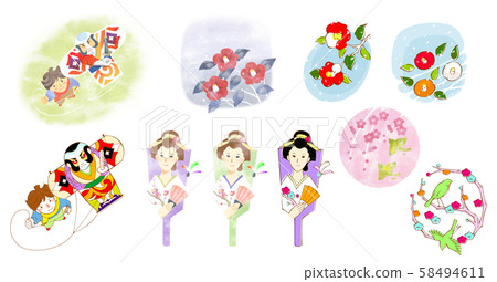 [New Year's card illustration material set] Yatsuko mochi, battledore, rice cake, mejiro, plum 58494611