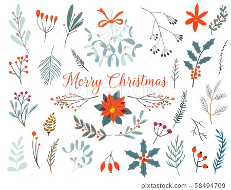 Hand drawn decorative christmas holly, misletoes, plant branches, twigs design element set. Winter 58494709