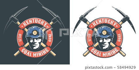 Miner's logo with miner head in hardhat with lantern and crossed picks Miner's logo with miner head in hardhat with lantern and crossed picks 58494929