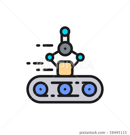 Conveyor belt with mechanical arm, robotic packaging flat color line icon. 58495115