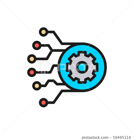 Gear with circuit board, artificial intelligence flat color line icon. Gear with circuit board, artificial intelligence flat color line icon. 58495118