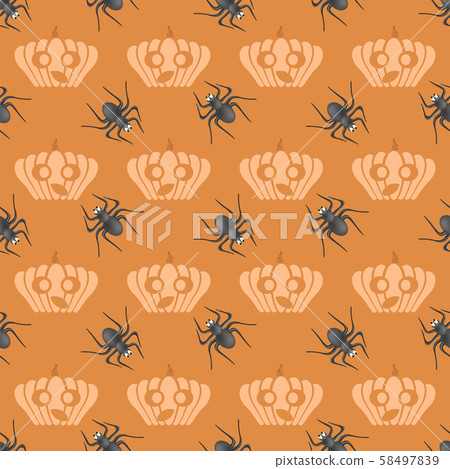 Halloween Decoration Seamless Pattern with Natural Pumpkin and Spider Isolated on Orange Background 58497839