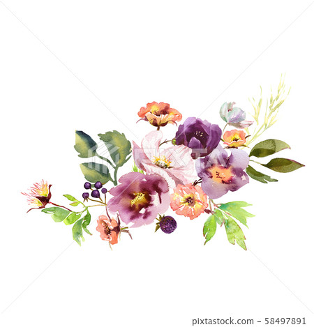 Wedding bridal romanric rustic warm bouquet. Hand drawing watercolor pink and purple and orange 58497891