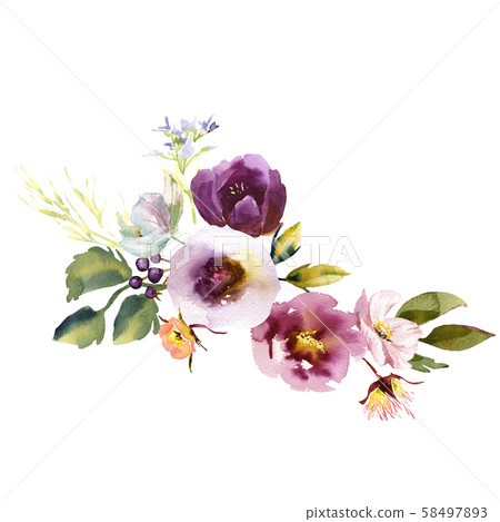 Wedding bridal romanric rustic warm bouquet. Hand drawing watercolor pink and purple and orange Wedding bridal romanric rustic warm bouquet. Hand drawing watercolor pink and purple and orange 58497893