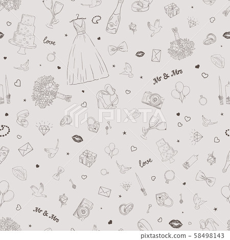 Seamless pattern with wedding icons. Wedding, marriage, bridal. Hand drawn vector background Seamless pattern with wedding icons. Wedding, marriage, bridal. Hand drawn vector background 58498143