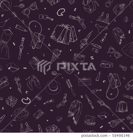 Seamless pattern with shopping icons. Woman holiday purchase, hand drawn background Seamless pattern with shopping icons. Woman holiday purchase, hand drawn background 58498146
