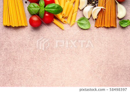 Pasta ingredients on light rustic background with copy space Pasta ingredients on light rustic background with copy space 58498397