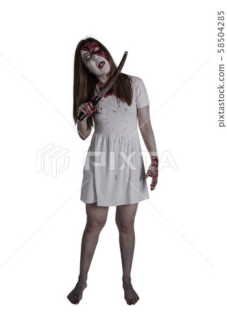 Full length of make up zombie woman standing over white background Full length of make up zombie woman standing over white background 58504285