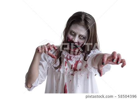 Scary asian female zombie isolated over white background Scary asian female zombie isolated over white background 58504396