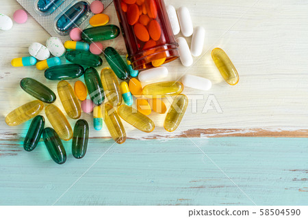 Medicine on table, top view. 58504590