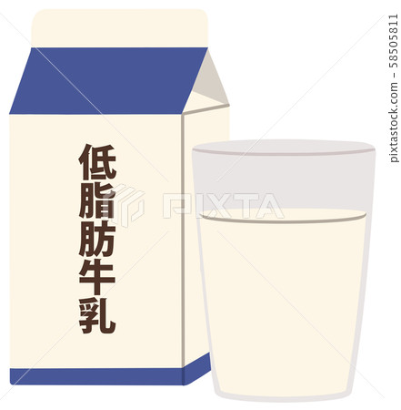 An illustration without a main line in which low-fat milk poured into a pack and a transparent cup is arranged 58505811