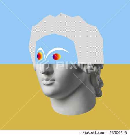 Contemporary art concept collage with antique statue head in a surreal style. Modern unusual art. Contemporary art concept collage with antique statue head in a surreal style. Modern unusual art. 58509749
