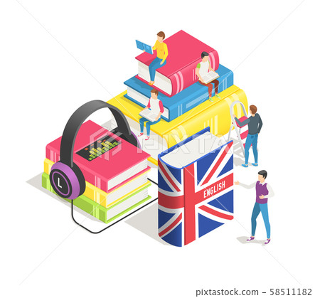 Learning foreign languages concept. People and english french dictionary, textbooks. Studying 58511182