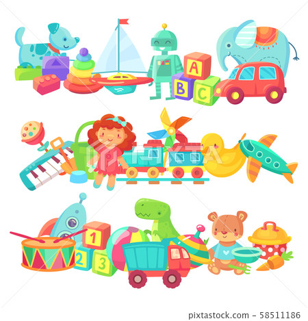 Toy piles. Kids toys groups. Cartoon baby doll and train, ball and cars, boat isolated children Toy piles. Kids toys groups. Cartoon baby doll and train, ball and cars, boat isolated children 58511186