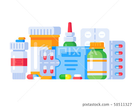 Medication drugs. Medicine pill, pharmacy drug bottle and antibiotic or aspirin pills. Medications 58511327