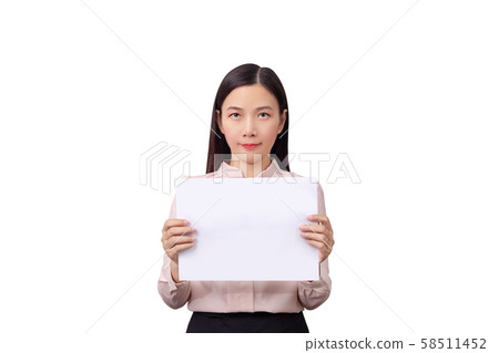 asian businesswoman holding blank white placard board paper sign with empty copy space isolated on white background with clipping path 58511452