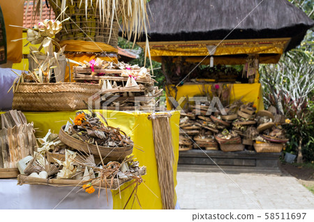 Traditional balinese offerings to Gods burned Indonesia Bali temple Traditional balinese offerings to Gods burned Indonesia Bali temple 58511697
