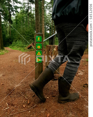 wooden sign post mile marker on a hiking jogging trail in a forest wooden sign post mile marker on a hiking jogging trail in a forest 58512056
