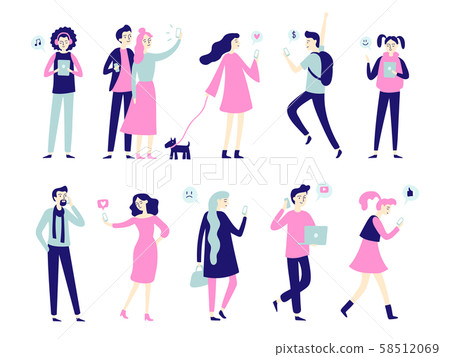 Character with smartphone. Smartphones in people hands, man talk on mobile phone or woman taking Character with smartphone. Smartphones in people hands, man talk on mobile phone or woman taking 58512069