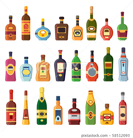 Alcohol bottles. Alcoholic liquor drink bottle with vodka, cognac and liqueur. Whisky, rum or brandy 58512093