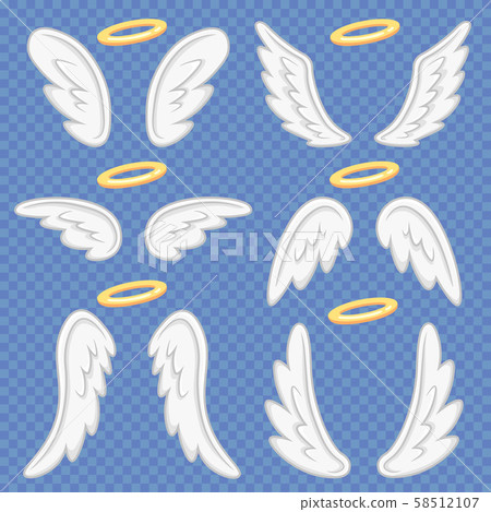 Cartoon angel wings. Holy angelic nimbus and angels wing. Flying winged angeles vector illustration Cartoon angel wings. Holy angelic nimbus and angels wing. Flying winged angeles vector illustration 58512107