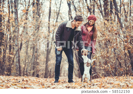 Couple in fall having walk with dog in a park 58512150