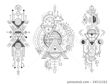 Solar system planet sketch. Parade of planets, moon phases and hand drawn astrology. Astrological 58512161