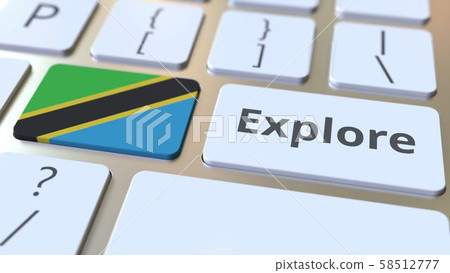 EXPLORE word and national flag of Tanzania on the buttons of the keyboard. 3D rendering 58512777