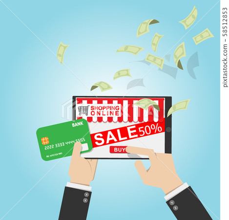 vector illustration. businessman use credit card on online shop on tablet with screen sale promotion discount 50 percent off and click buy button with money bank note flow background. online shopping vector illustration. businessman use credit card on online shop on tablet with screen sale promotion discount 50 percent off and click buy button with money bank note flow background. online shopping 58512853