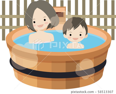 插圖素材溫泉,帶柵欄的父母子女露天浴池,四個季節 插圖素材溫泉,帶柵欄的父母子女露天浴池,四個季節 58513307
