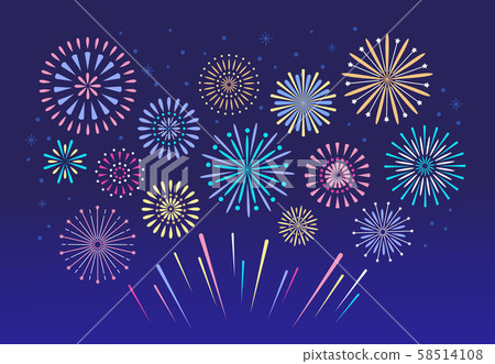 Colorful fireworks. Celebration fire firework, christmas pyrotechnics firecracker for festival Colorful fireworks. Celebration fire firework, christmas pyrotechnics firecracker for festival 58514108